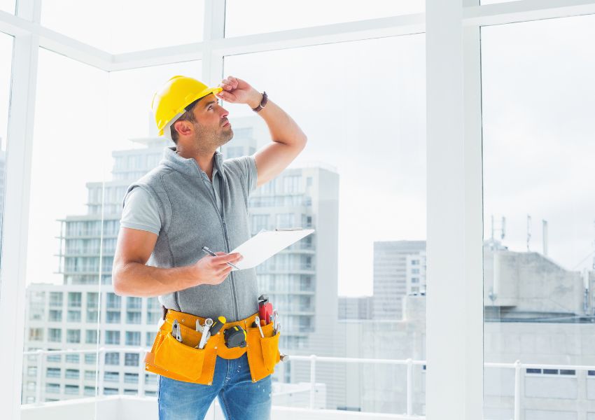 A property manager inspects with a yellow hard hat and orange tool belt looks upwards to inspect the ceilings of an investment property for water leaks.